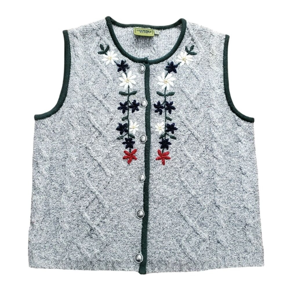 VTG Knit Sweater Vest Embroidered Flowers Gray Country Blue Wool Blend Womens M